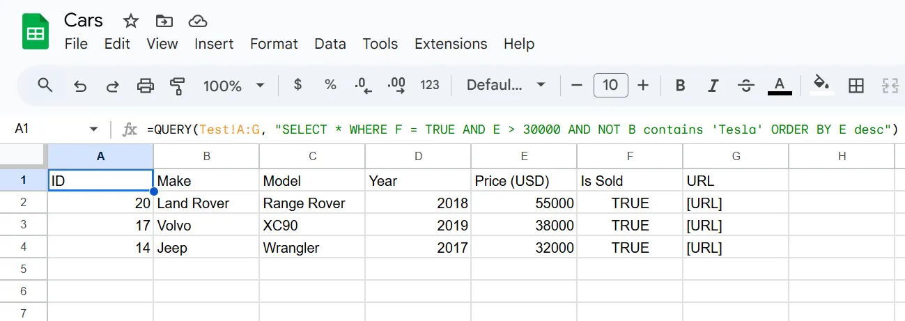 Minh họa kết quả tổng hợp nhiều điều kiện trong Google Sheets với hàm QUERY trên trang tính trống