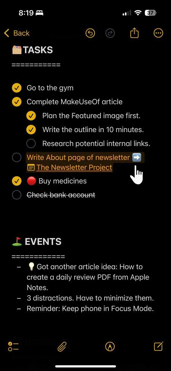 Minh họa nguyên tắc Intentional Migration trong Bullet Journaling trên Apple Notes, thể hiện việc di chuyển các nhiệm vụ chưa hoàn thành sang ngày tiếp theo.