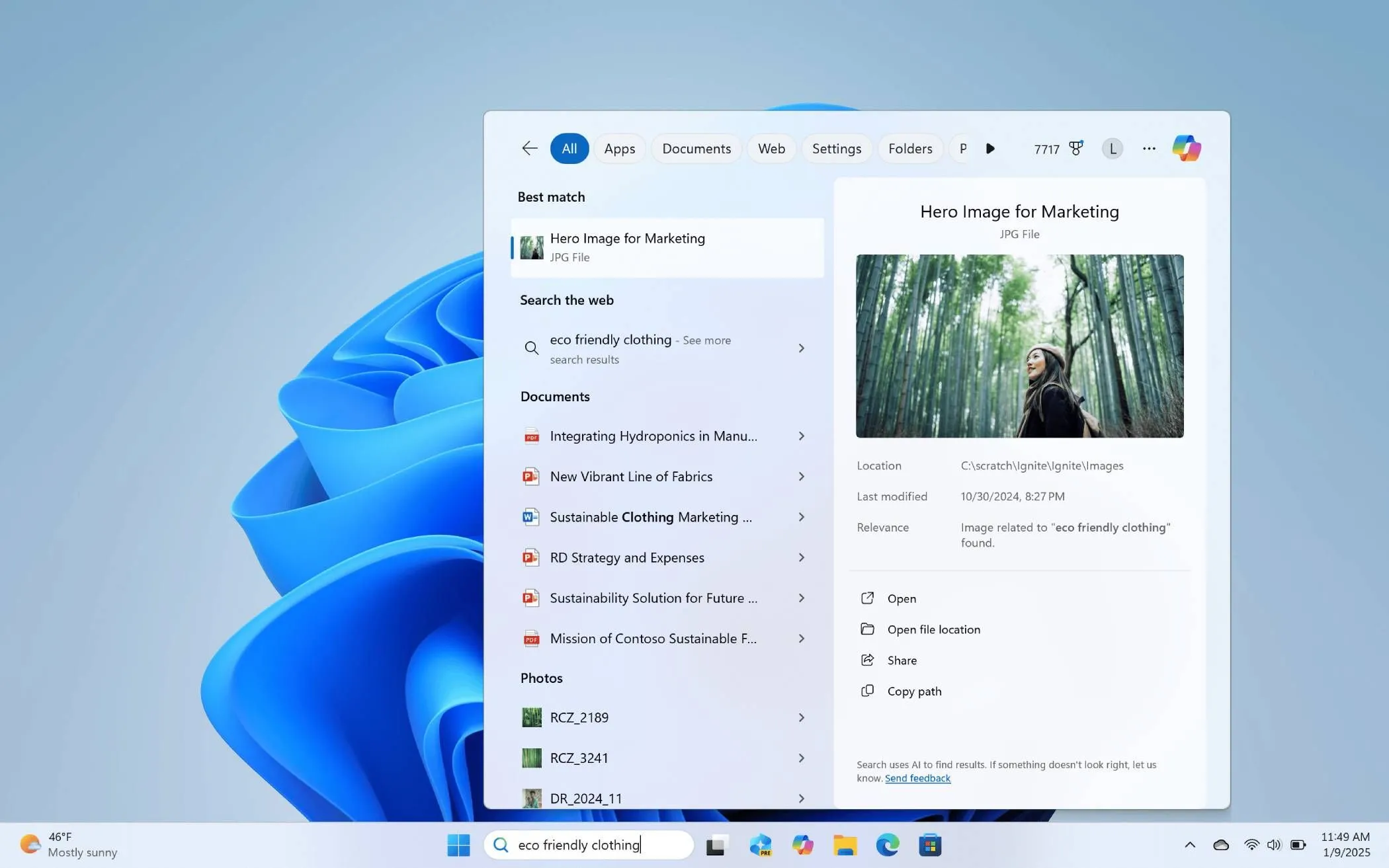 Minh họa tìm kiếm 'quần áo thân thiện môi trường' bằng Semantic Search trên Windows 11