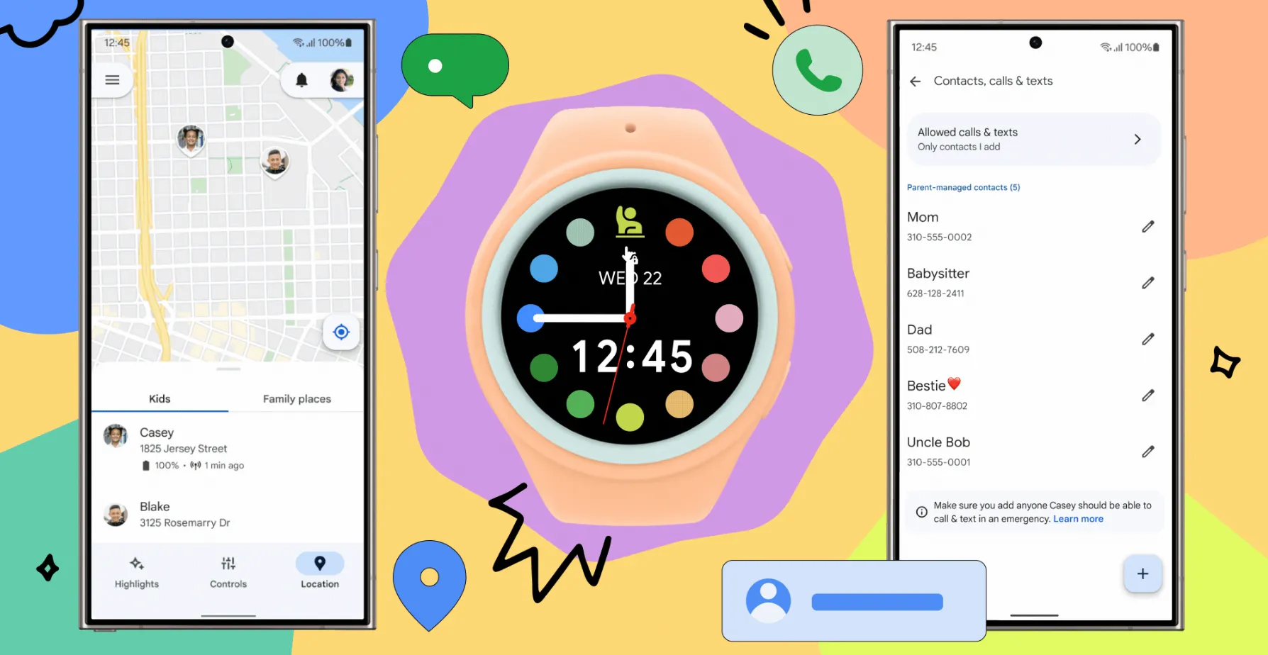 Minh họa tính năng Galaxy Watch cho trẻ em với khả năng theo dõi vị trí và quản lý danh bạ trên điện thoại Samsung Galaxy