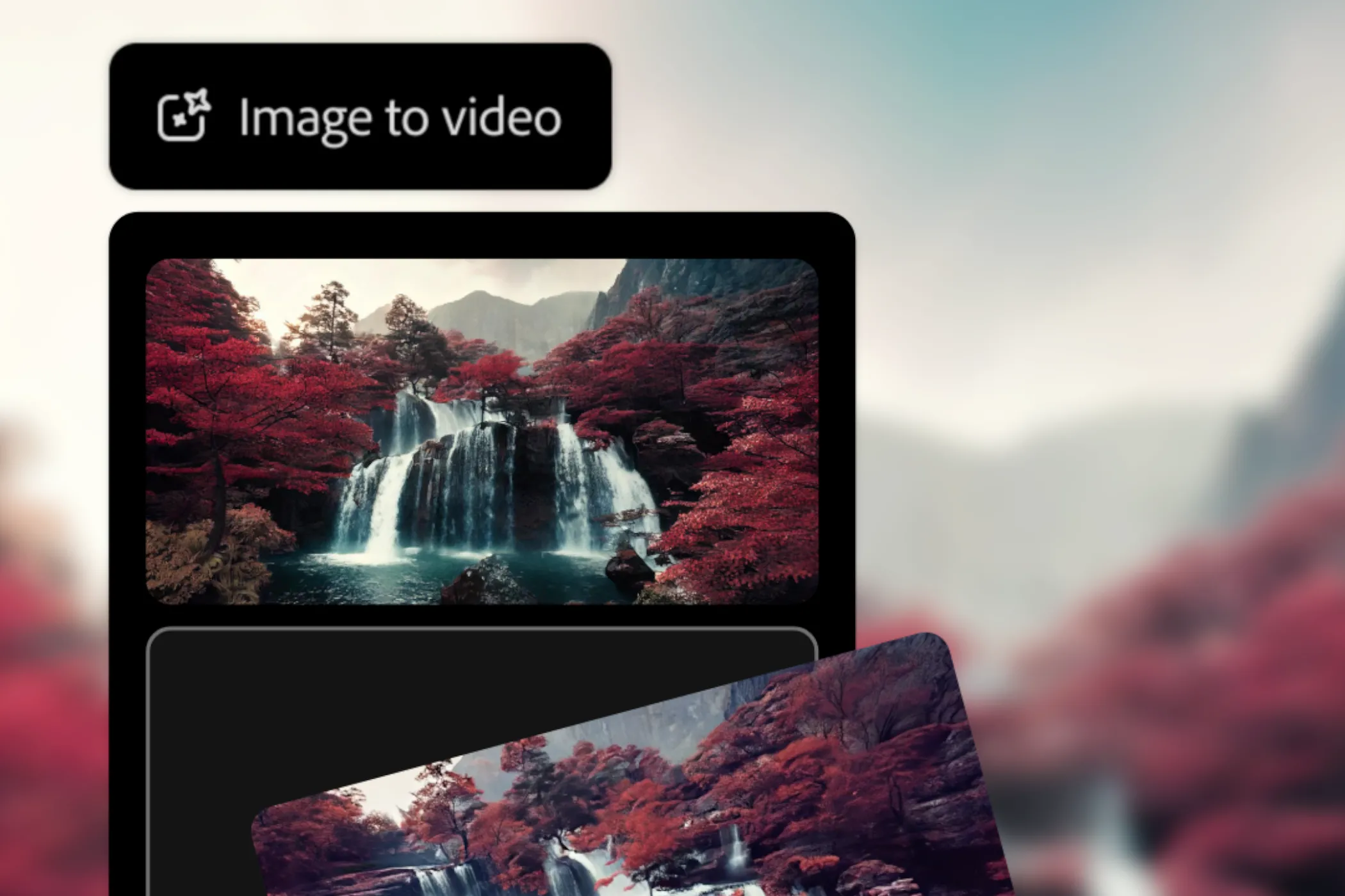 Minh họa tính năng Image-to-Video của Adobe Firefly với cảnh thác nước Nhật Bản, cho thấy khả năng tạo video chuyển động từ ảnh tĩnh.
