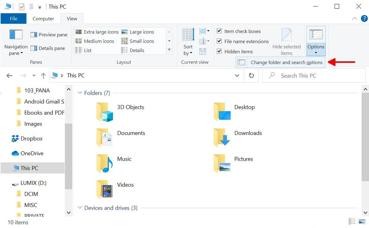 Mở cài đặt tùy chọn thư mục và tìm kiếm trong File Explorer trên Windows 10