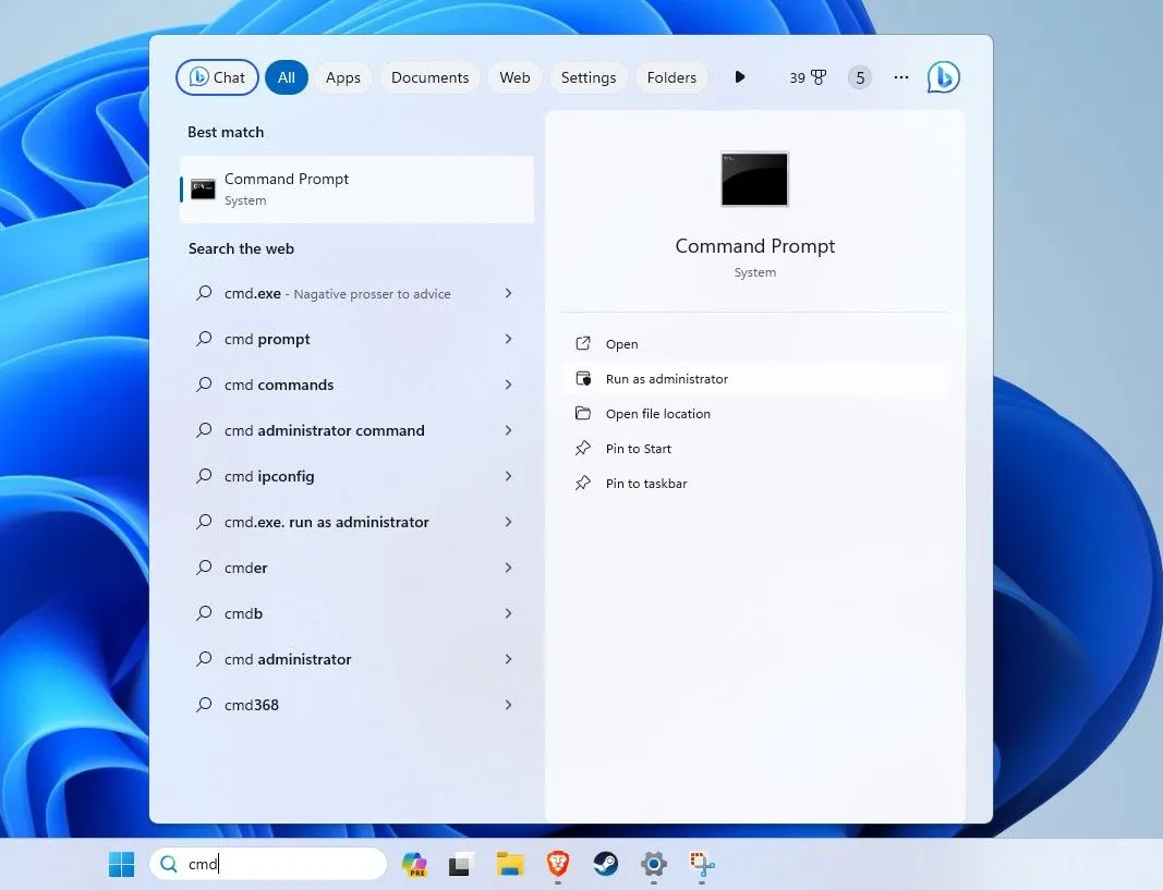 Mở Command Prompt với quyền quản trị viên trên Windows