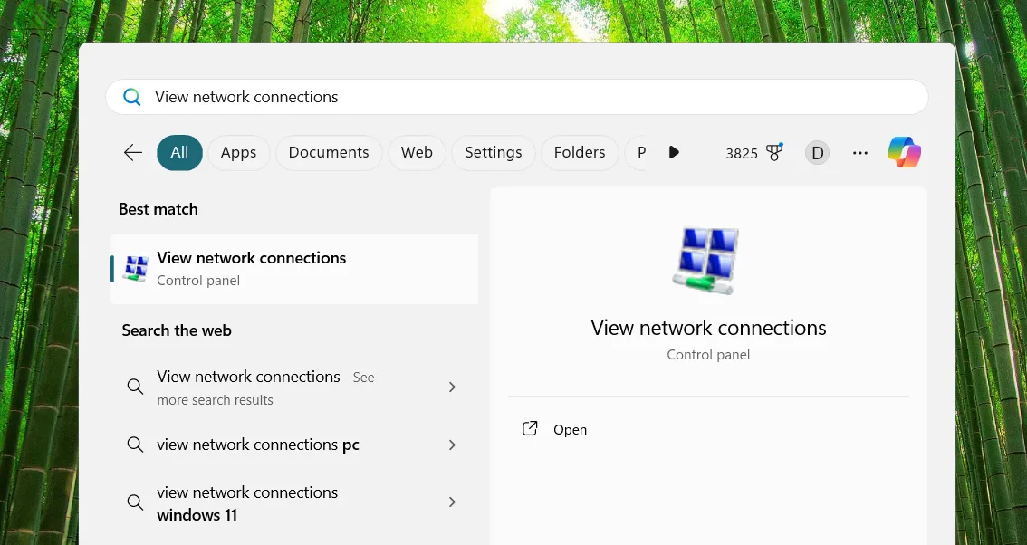Mở cửa sổ Kết nối Mạng qua menu Start trong Windows