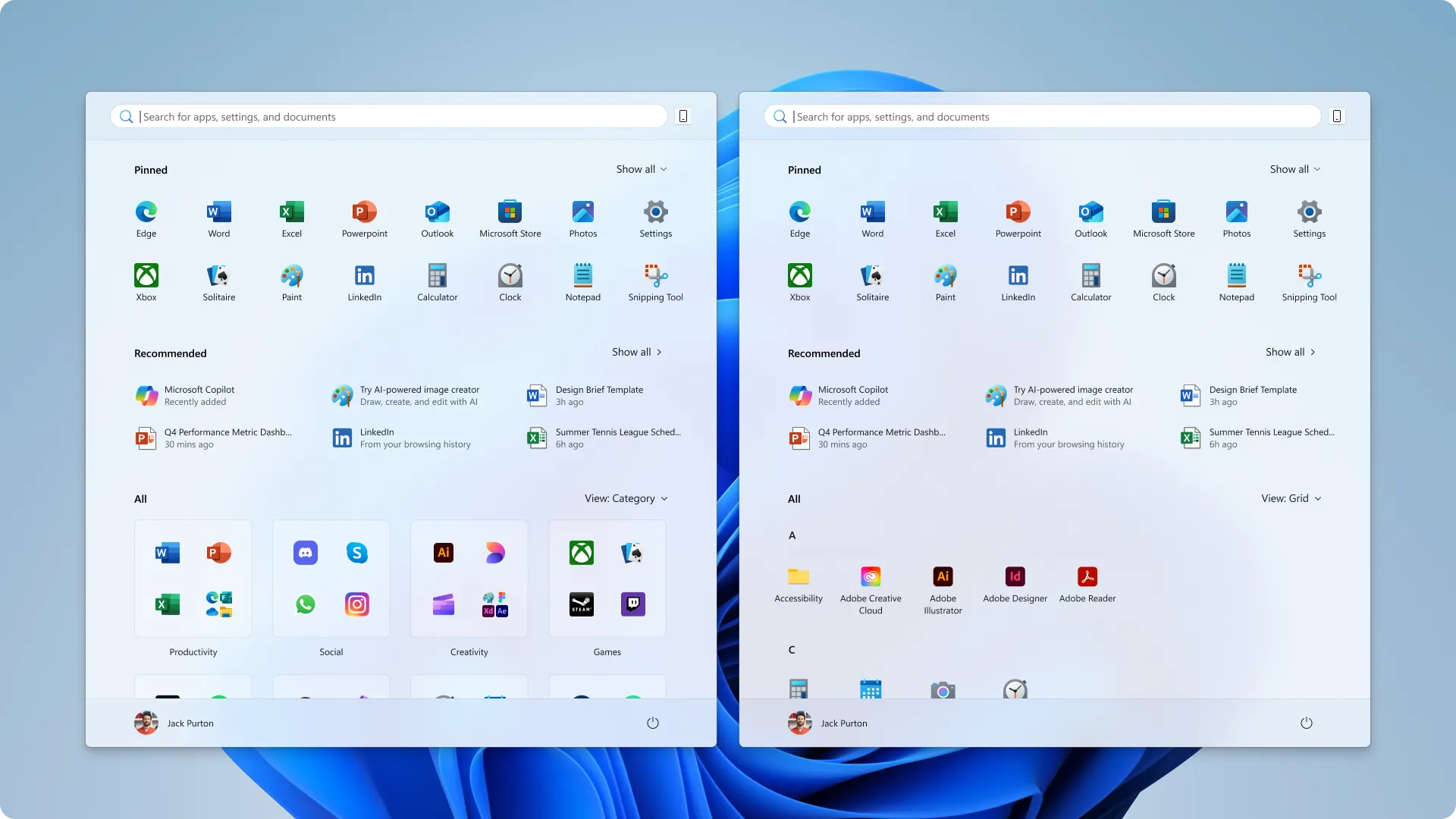 Mô tả ảnh: Các tùy chọn bố cục Category và Grid mới trên Start Menu Windows 11, hiển thị cách sắp xếp ứng dụng theo nhóm hoặc theo danh sách chữ cái, minh họa cho sự linh hoạt trong sắp xếp