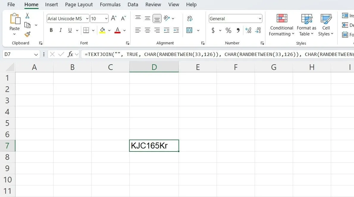 Mô tả công thức Excel tạo mật khẩu ngẫu nhiên mạnh bằng cách kết hợp các hàm RANDBETWEEN và CHAR, hiển thị kết quả mật khẩu đã tạo.