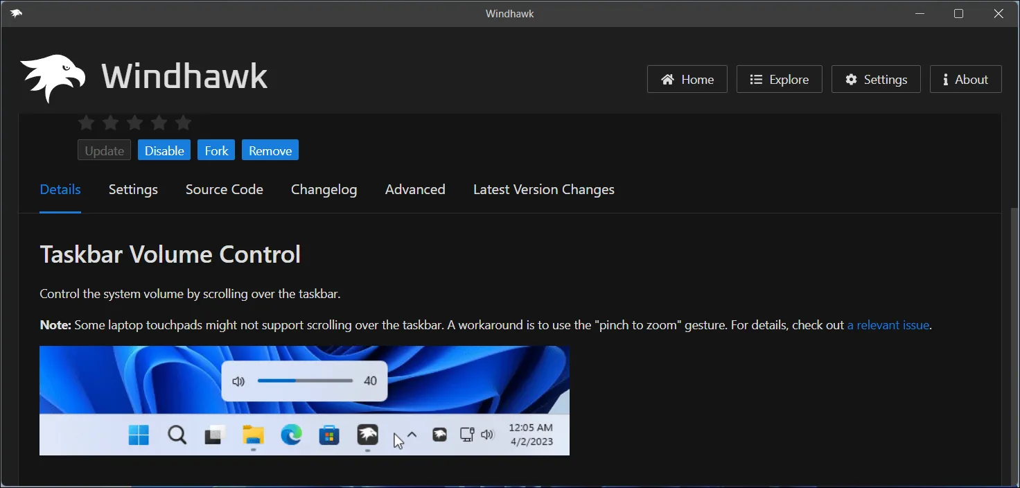 Mod Task Bar Volume Control của Windhawk hiển thị tùy chọn điều chỉnh âm lượng trực tiếp trên thanh Taskbar Windows 11