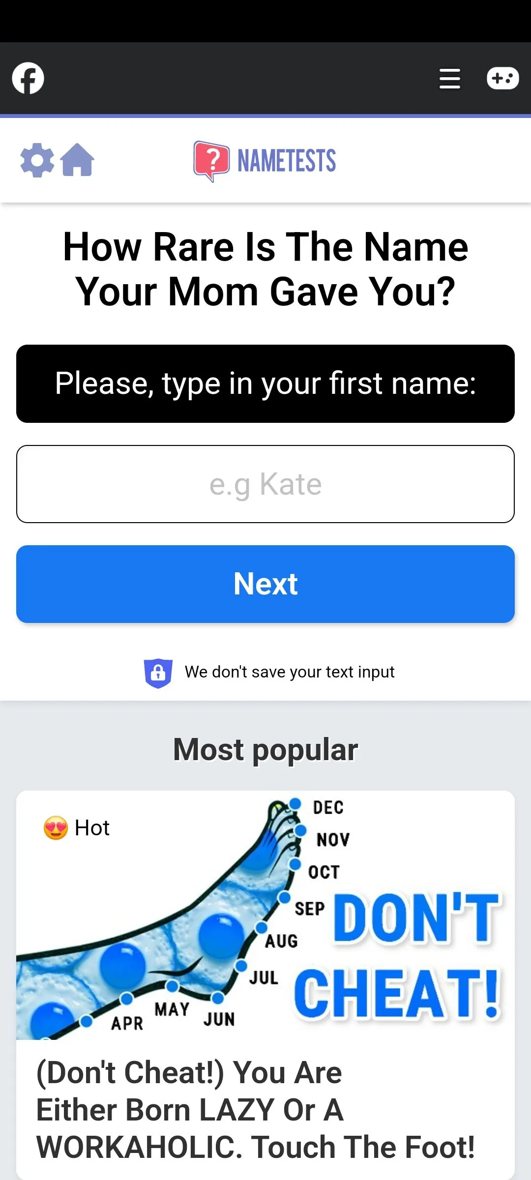 Một bài trắc nghiệm vui &quot;NameTest&quot; trên Facebook, minh họa nguy cơ lộ dữ liệu từ các câu đố trực tuyến.