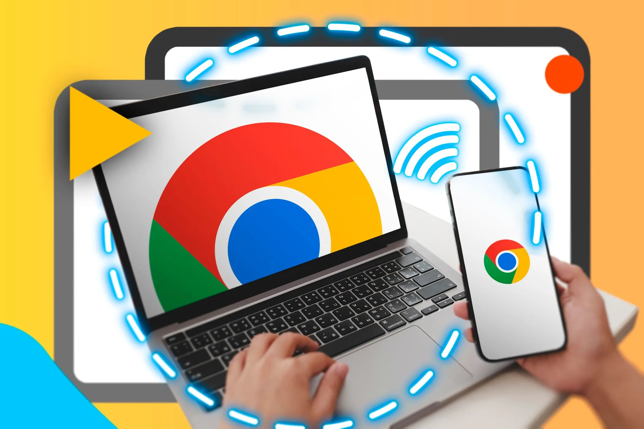 Một bàn tay đang cầm điện thoại thông minh, bên cạnh là laptop hiển thị logo Google Chrome và biểu tượng kết nối.