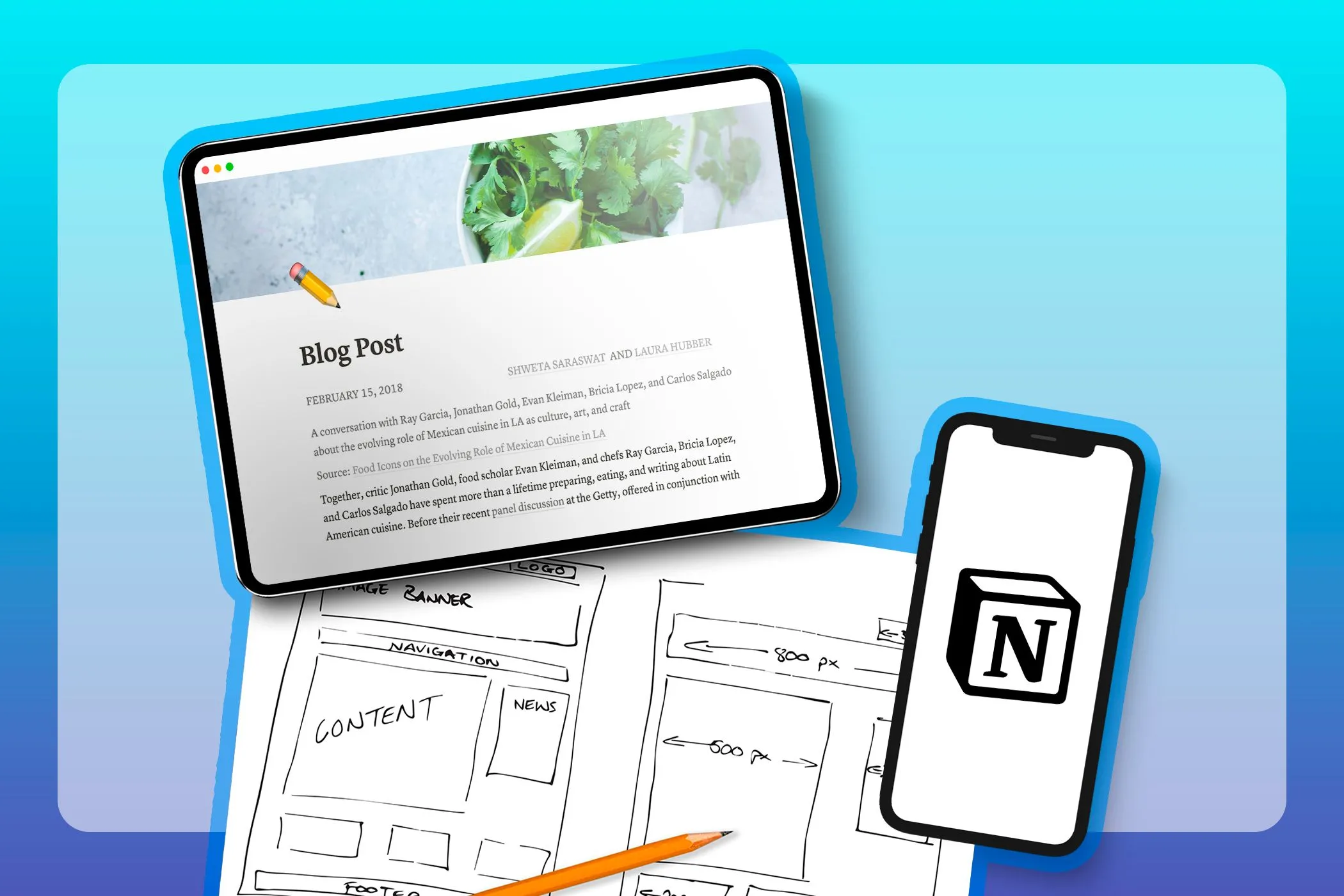 Một chiếc máy tính bảng hiển thị trang web được tạo bằng Notion Sites, kèm theo bản phác thảo website trên giấy và một chiếc điện thoại có logo Notion.