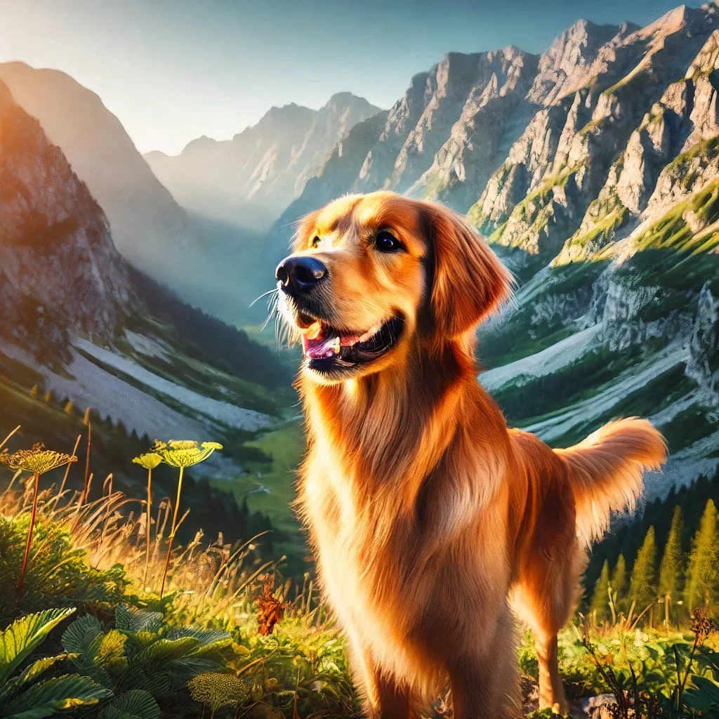 Một chú chó Golden Retriever trong phong cảnh núi non, ảnh được tạo bằng DALL-E nhưng chưa đạt độ chân thực cao