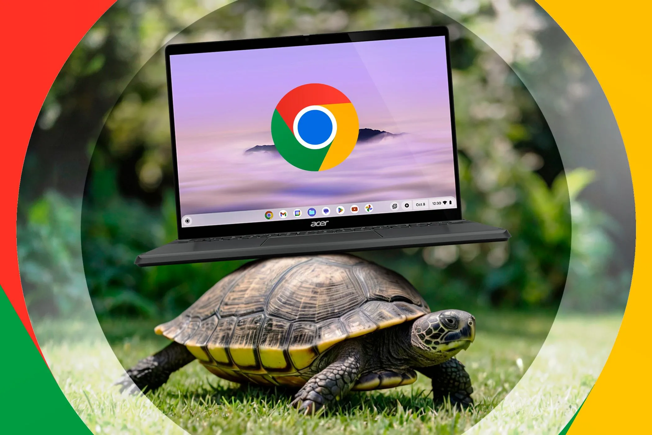 Một con rùa đang cõng chiếc Chromebook trên mai, tượng trưng cho khả năng di động nhưng có thể chậm khi xử lý tác vụ nặng