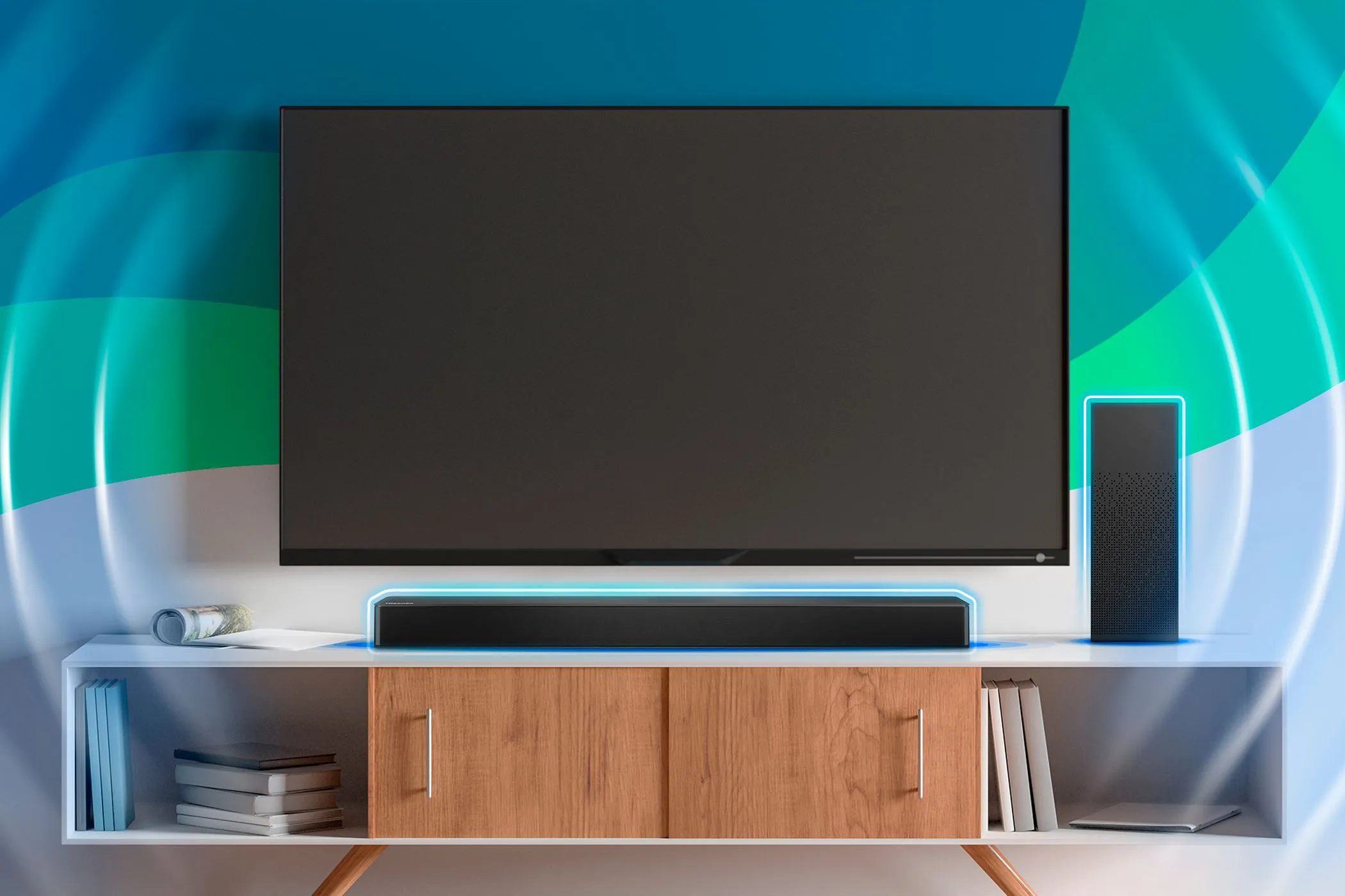 Một hệ thống TV treo tường và soundbar đặt trên kệ, minh họa thiết lập giải trí gia đình phổ biến nơi cài đặt Bitstream thường mang lại hiệu quả âm thanh tốt nhất.