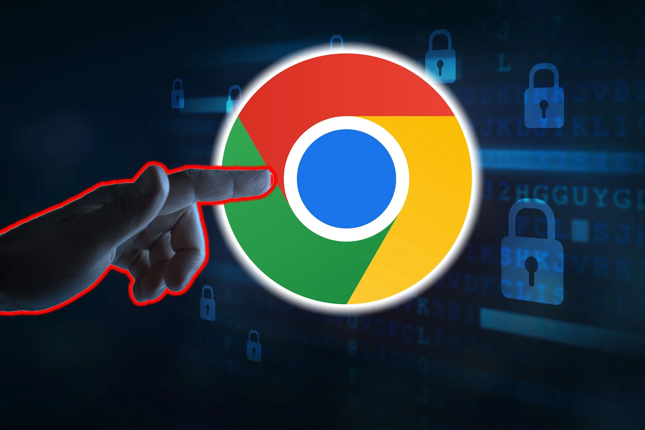 Một người đang chỉ vào logo Google Chrome, nhấn mạnh tầm quan trọng của việc kiểm tra bảo mật trình duyệt và các tiện ích.