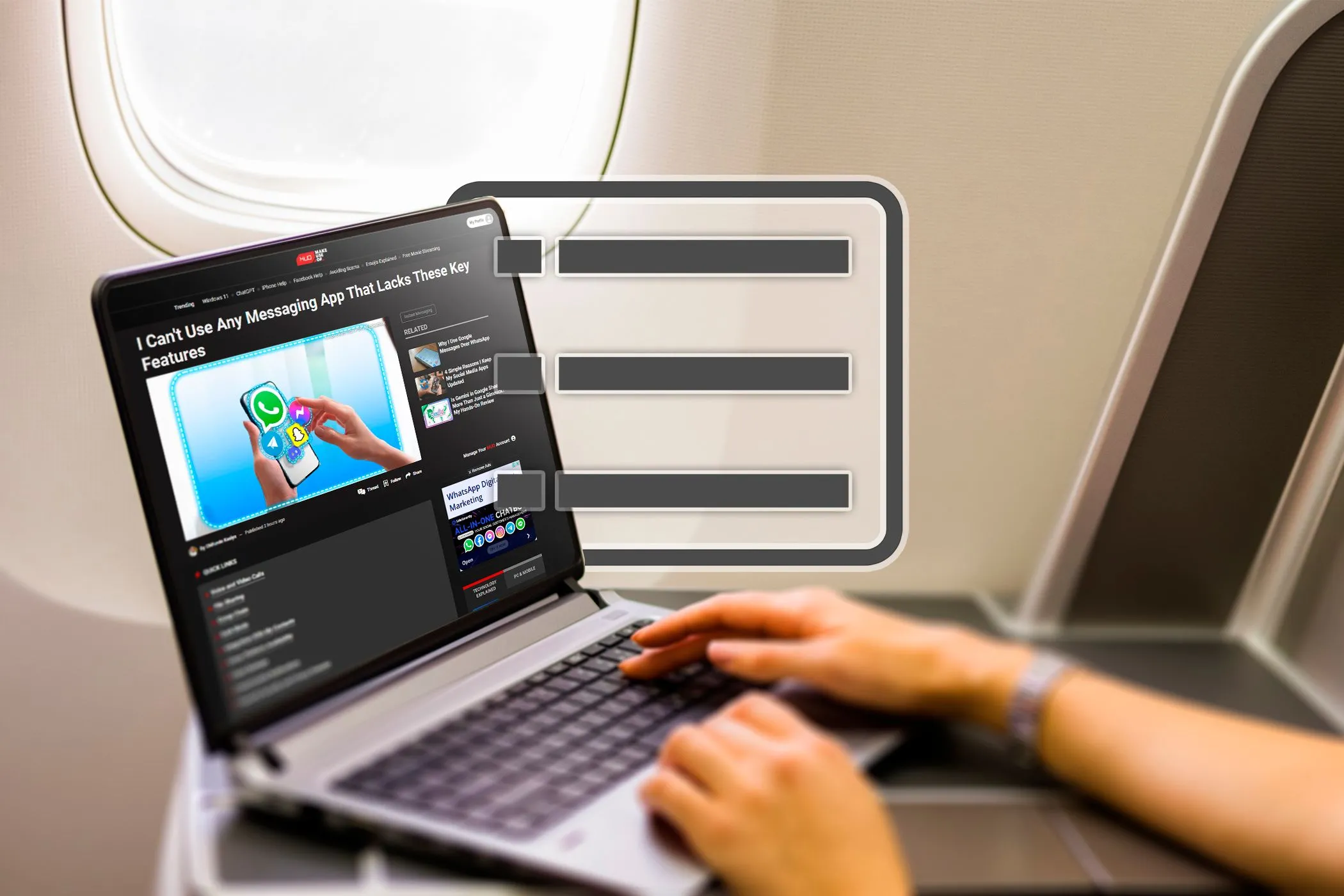 Một người đang sử dụng laptop trên máy bay, minh họa việc đọc nội dung lưu trong Reading List khi đang di chuyển