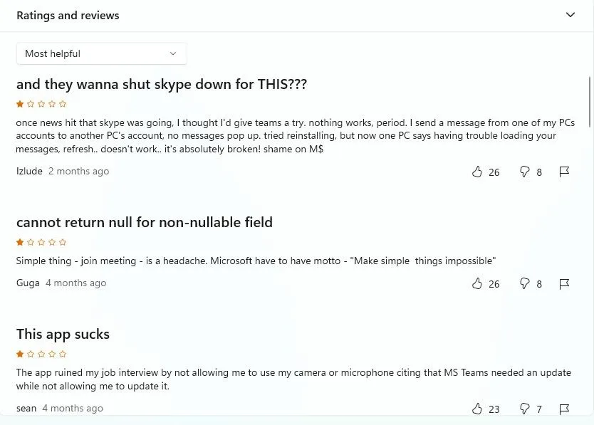 Một phần các bình luận và đánh giá của người dùng về Microsoft Teams trên cửa hàng ứng dụng của Microsoft