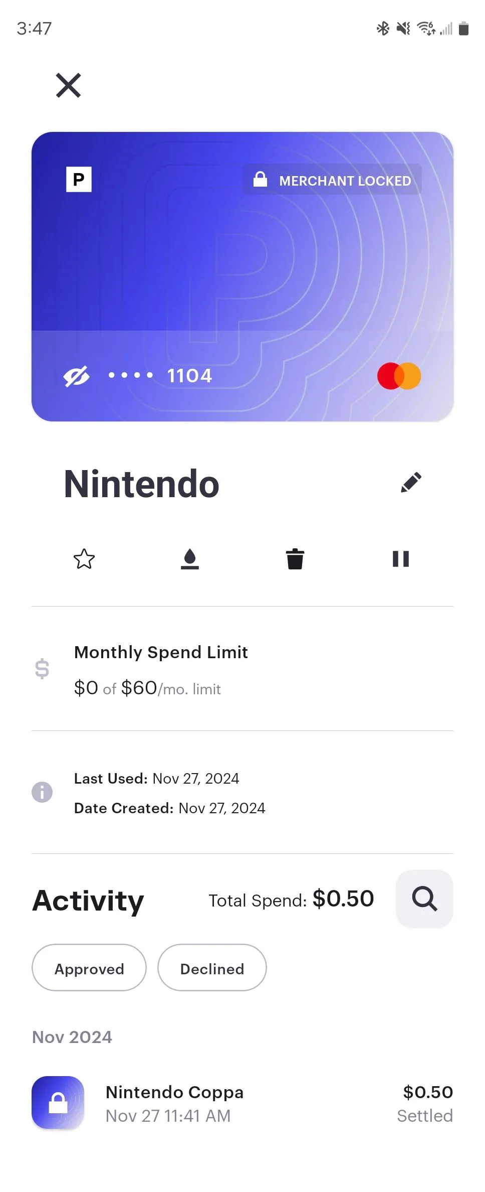 Một thẻ thanh toán ảo tạm thời được tạo cho Nintendo thông qua ứng dụng Privacy trên Android