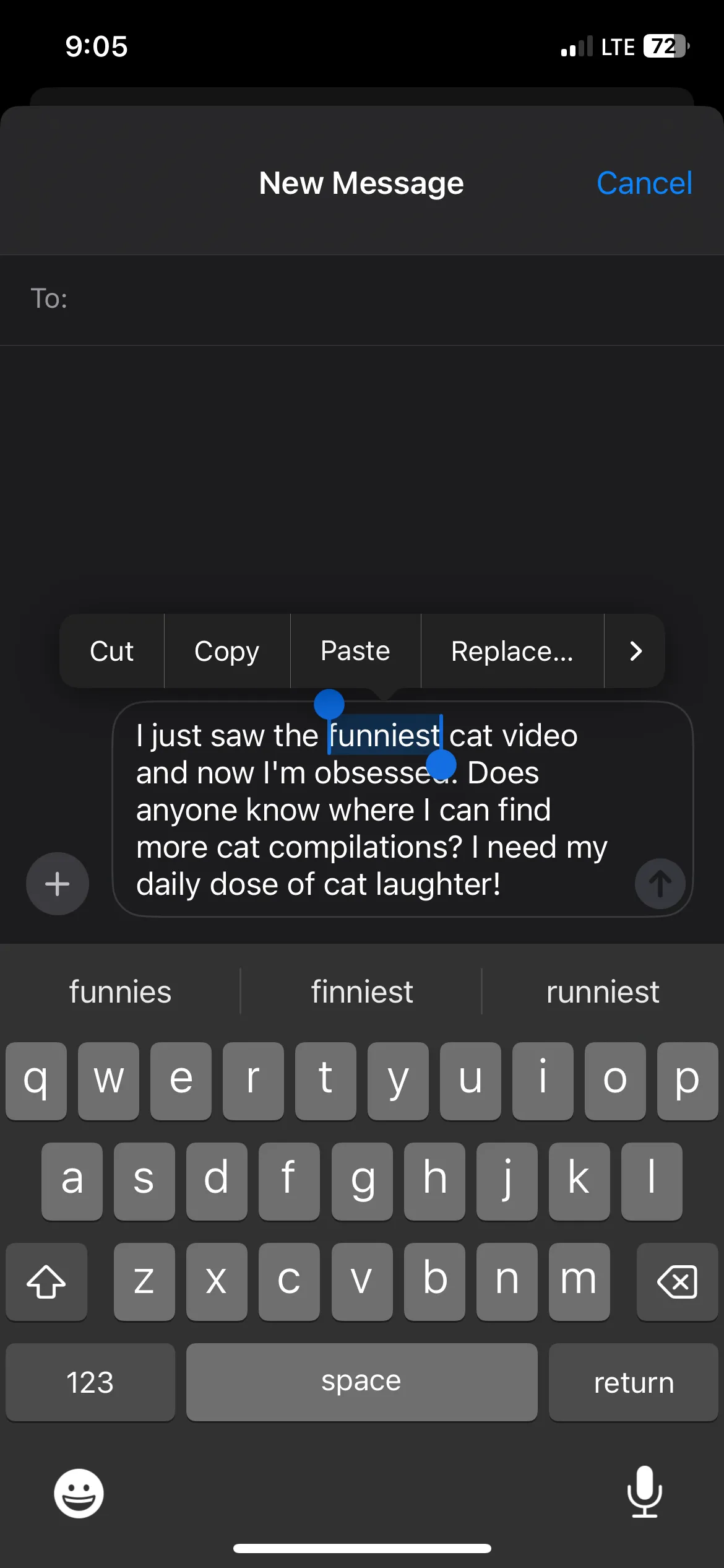 Một từ được chọn trên màn hình bàn phím iPhone, minh họa cách chọn văn bản nhanh.