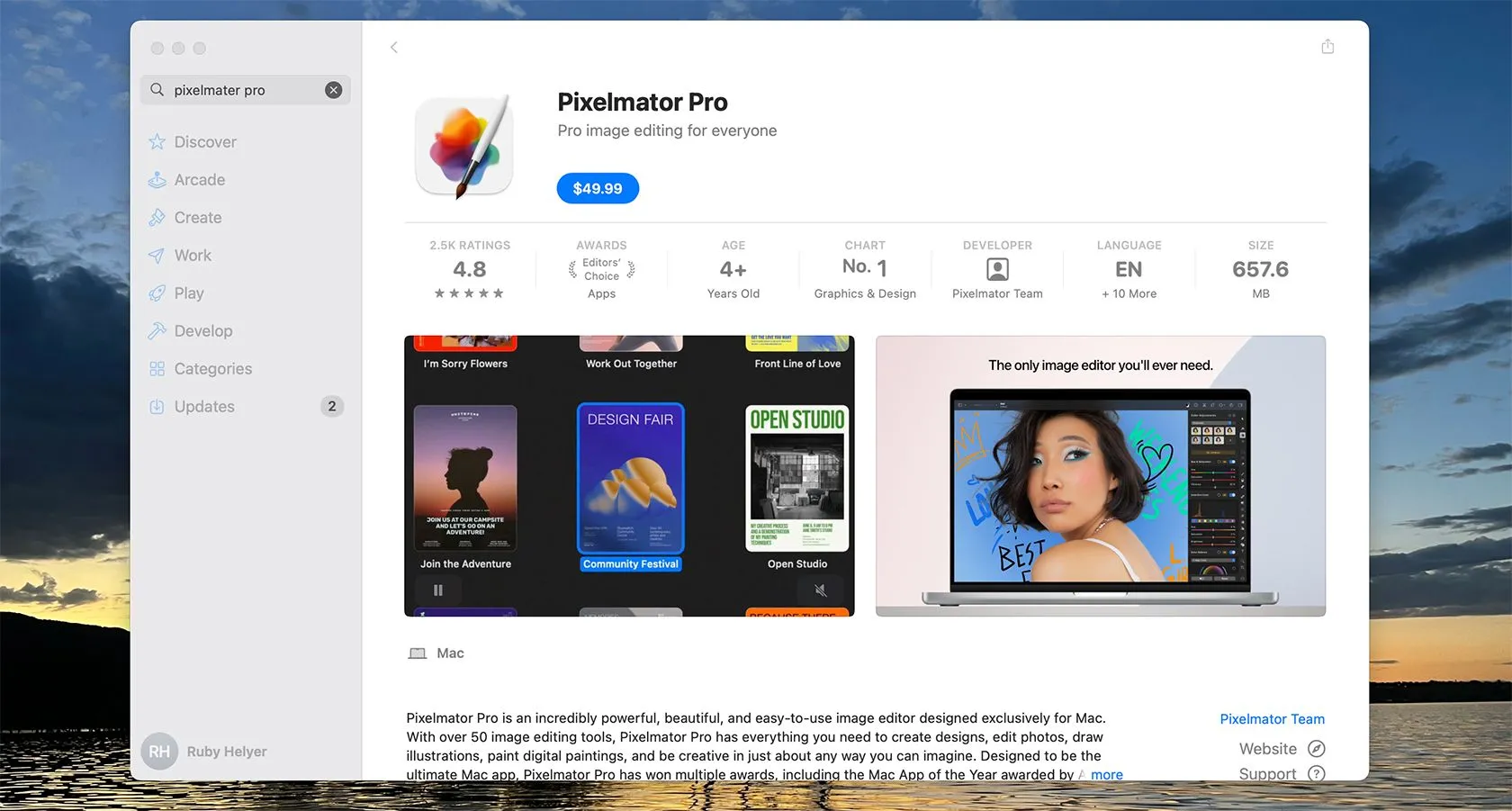 Mức giá một lần mua của Pixelmator Pro trên App Store cho người dùng macOS.