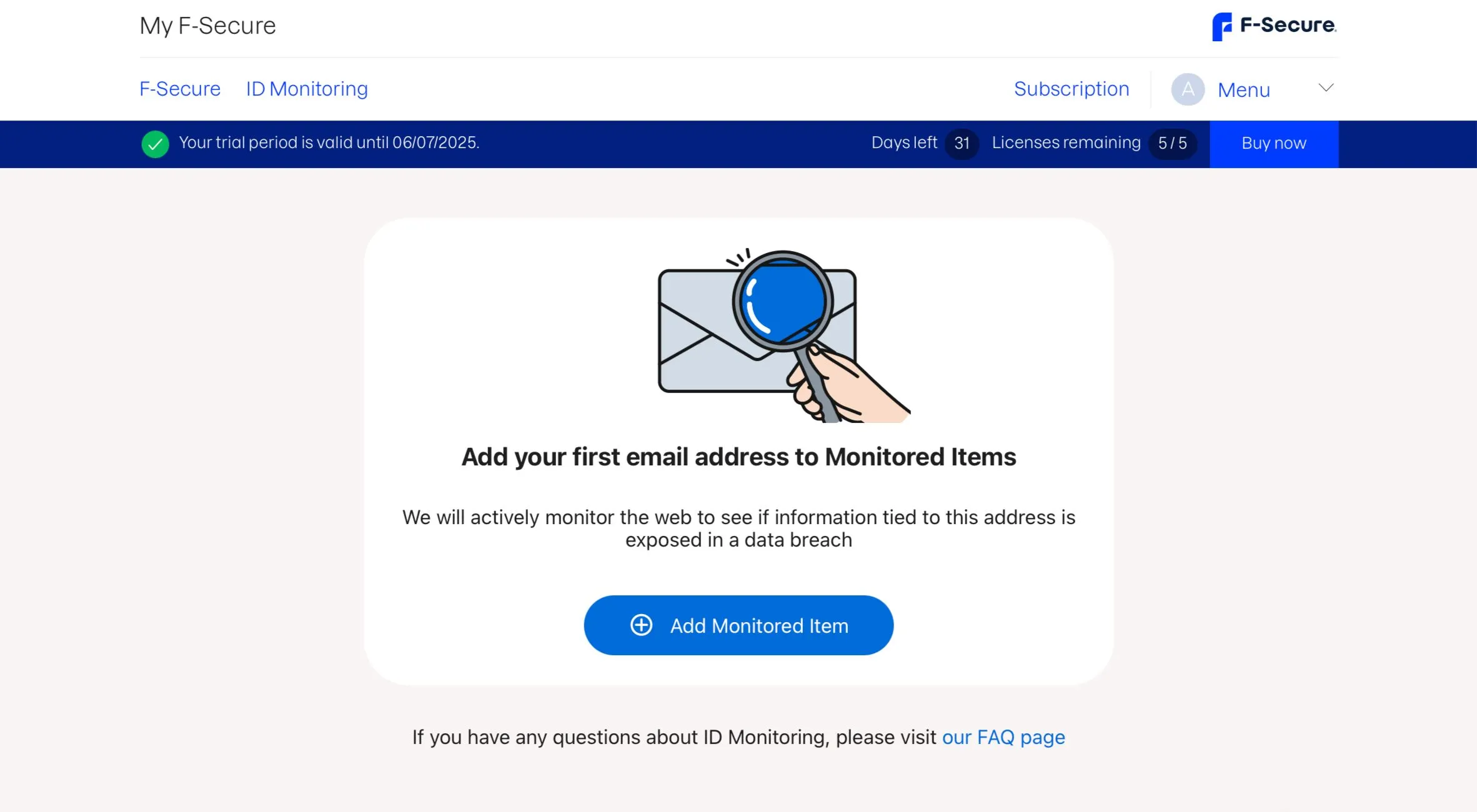 Mục Giám sát ID trong cài đặt dịch vụ F-Secure ID Protection