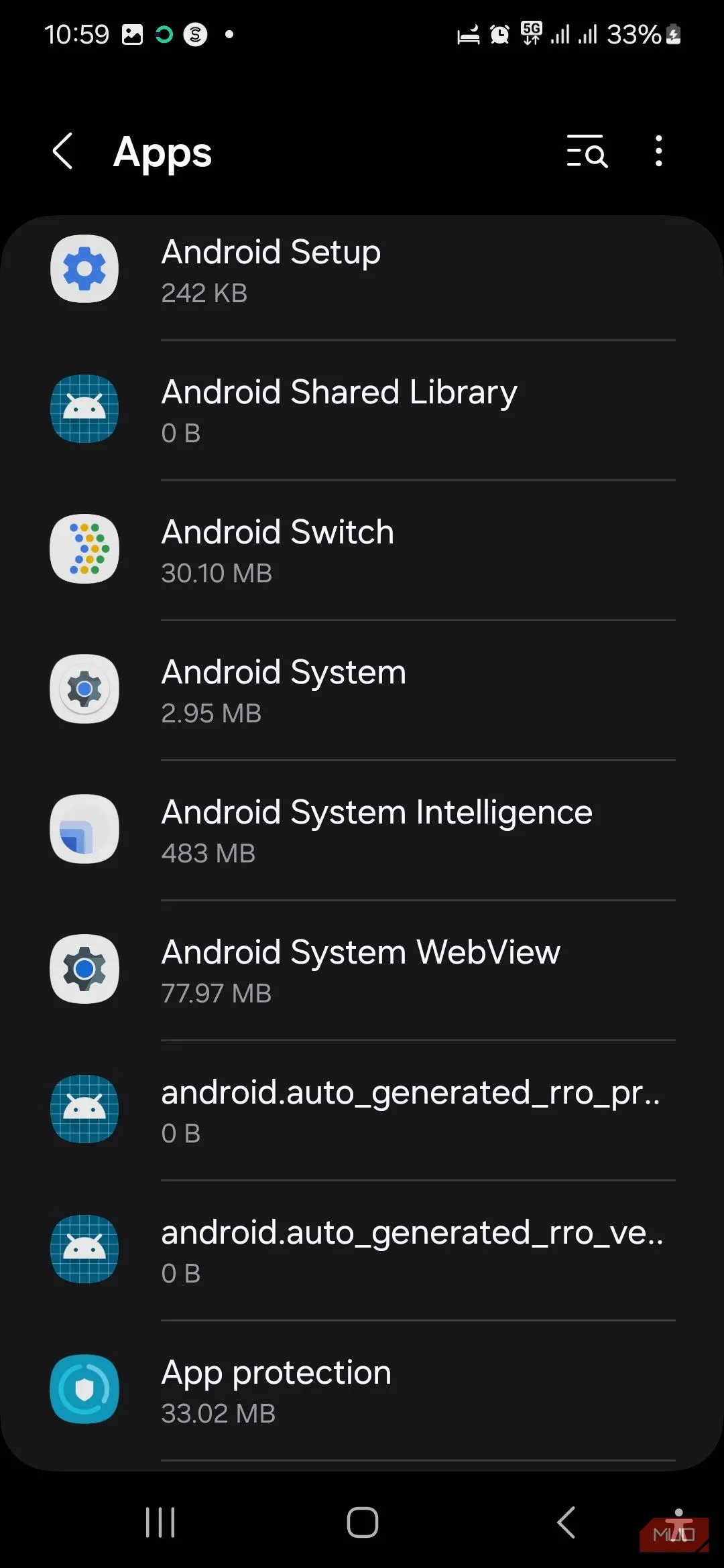 Mục Hệ thống Android trong danh sách ứng dụng hệ thống của điện thoại Samsung