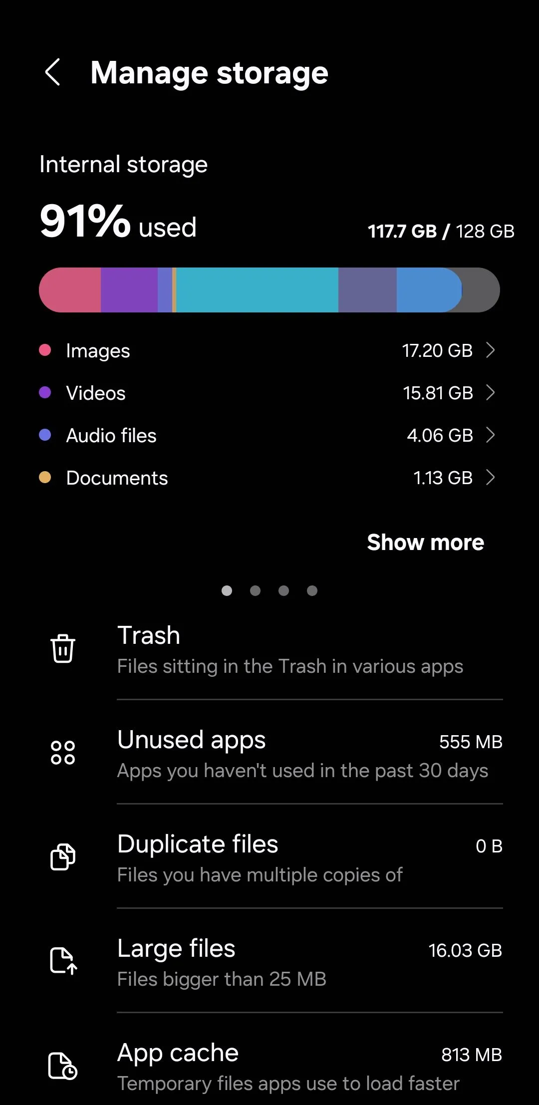 Mục Tệp lớn trong menu Bộ nhớ của điện thoại Samsung để quản lý file dung lượng cao