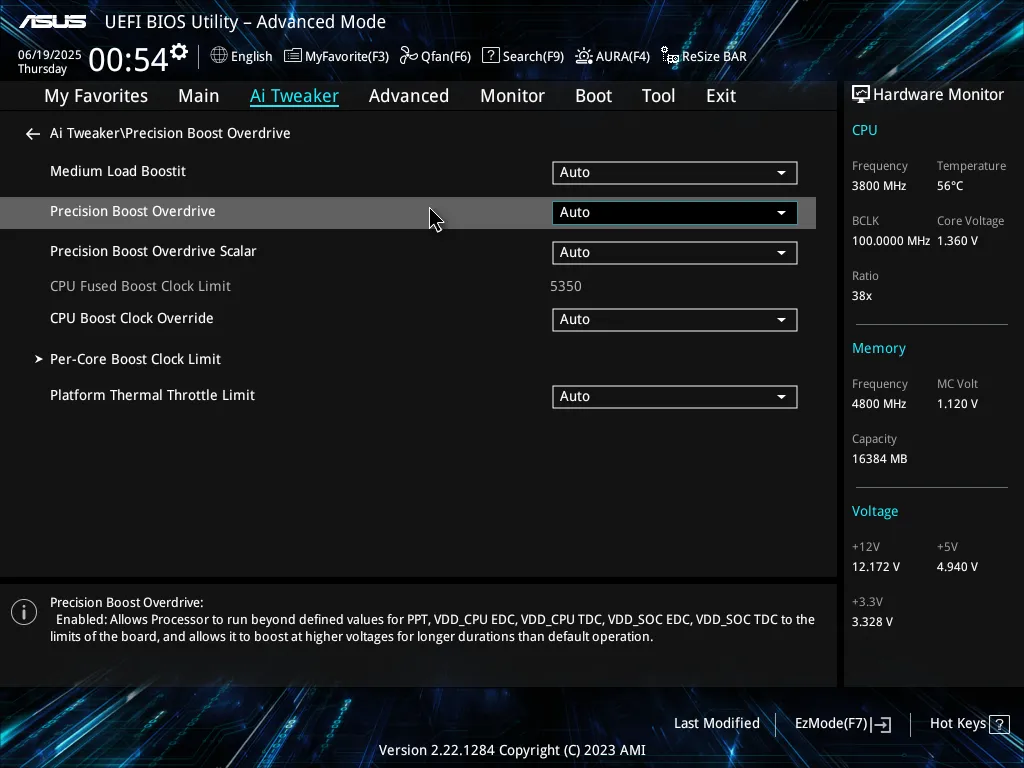 Mục tùy chọn tăng cường Precision Boost Overdrive trong giao diện ASUS UEFI BIOS