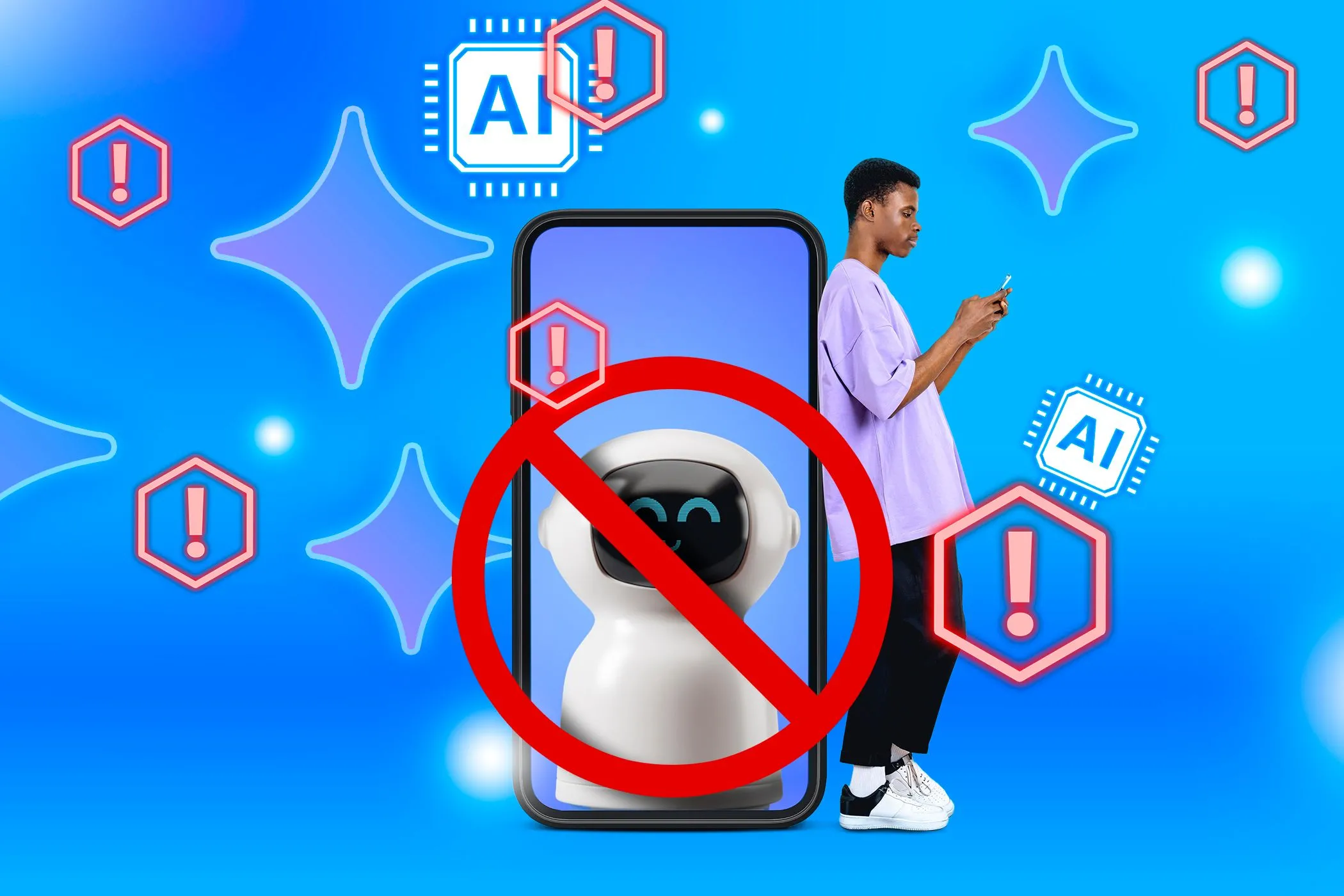 Người đàn ông sử dụng điện thoại với robot AI trên màn hình, biểu tượng cấm che mặt robot, thể hiện các hạn chế tiềm ẩn của công nghệ AI agents.