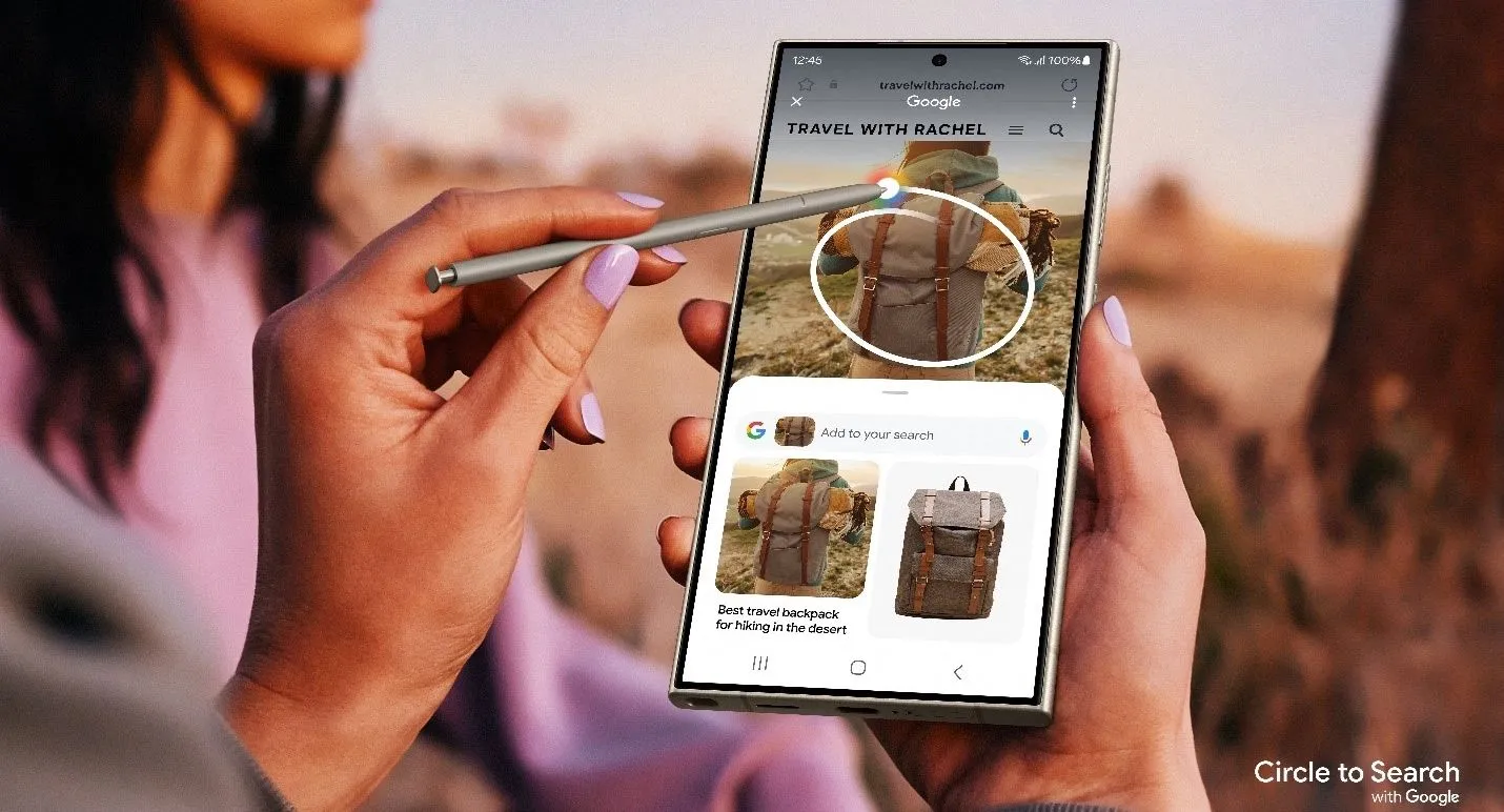 Người dùng điện thoại Galaxy S24 đang trải nghiệm tính năng Circle to Search của Google, minh họa sự khác biệt về tính năng giữa các mẫu Android.