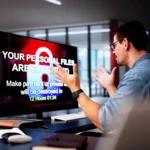 Người dùng hoảng loạn khi màn hình máy tính hiển thị thông báo bị tấn công ransomware và mã hóa dữ liệu