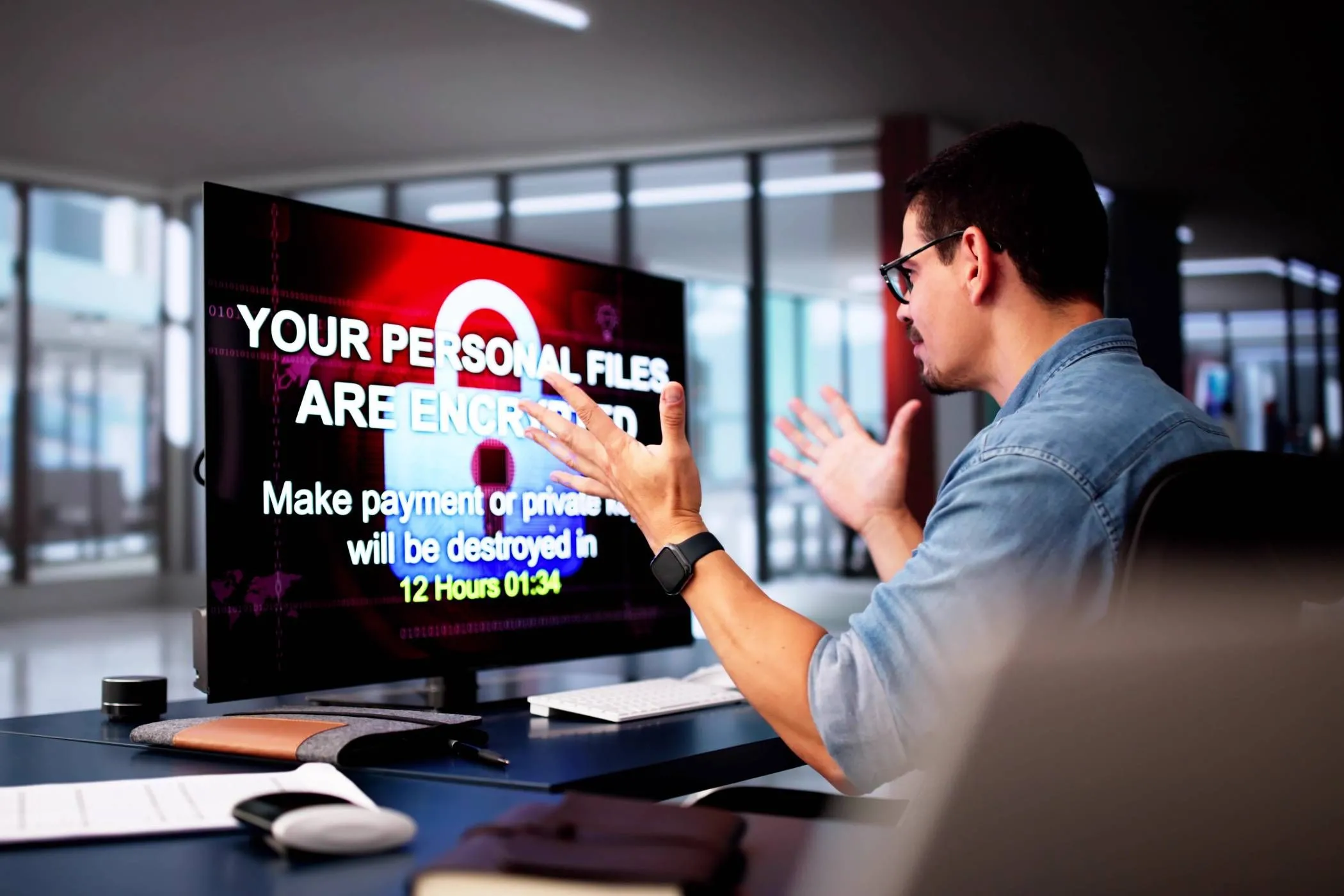 Người dùng hoảng loạn khi màn hình máy tính hiển thị thông báo bị tấn công ransomware và mã hóa dữ liệu