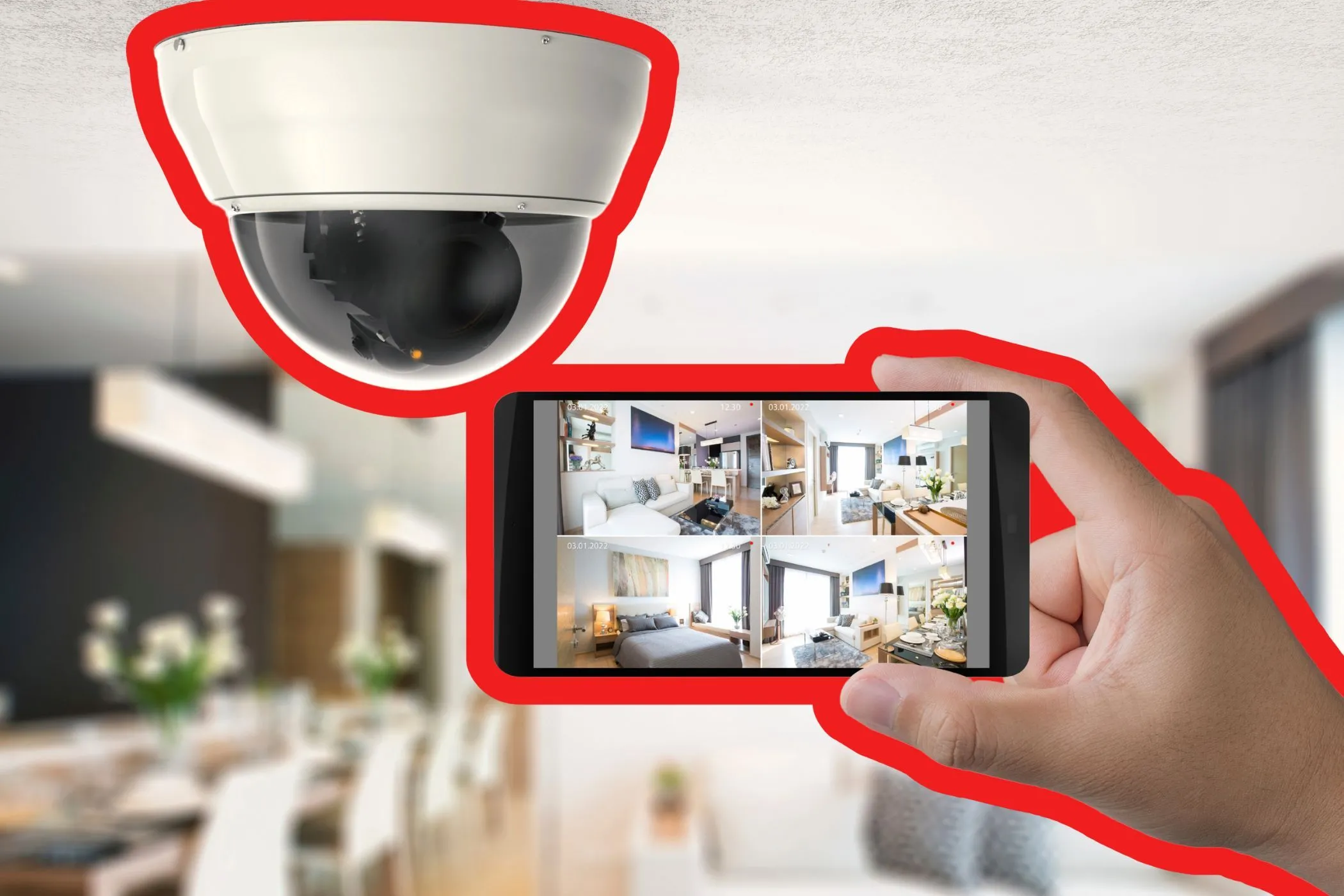 Người dùng kiểm tra nguồn cấp dữ liệu video từ camera an ninh thông minh trên điện thoại di động, minh họa cách quản lý và giám sát nhà cửa qua thiết bị thông minh.