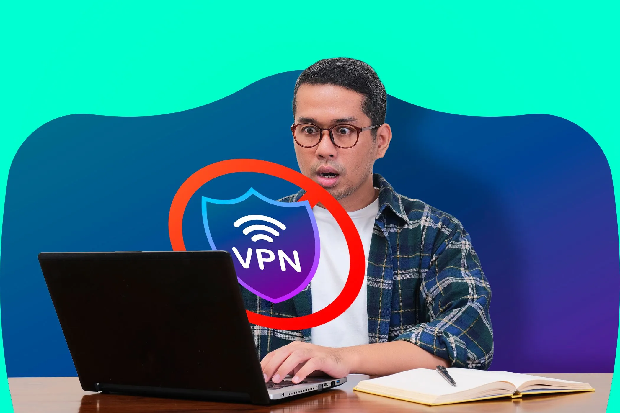 Người dùng laptop ngạc nhiên khi thấy biểu tượng VPN trên màn hình, minh họa việc VPN có thể làm chậm tốc độ internet.