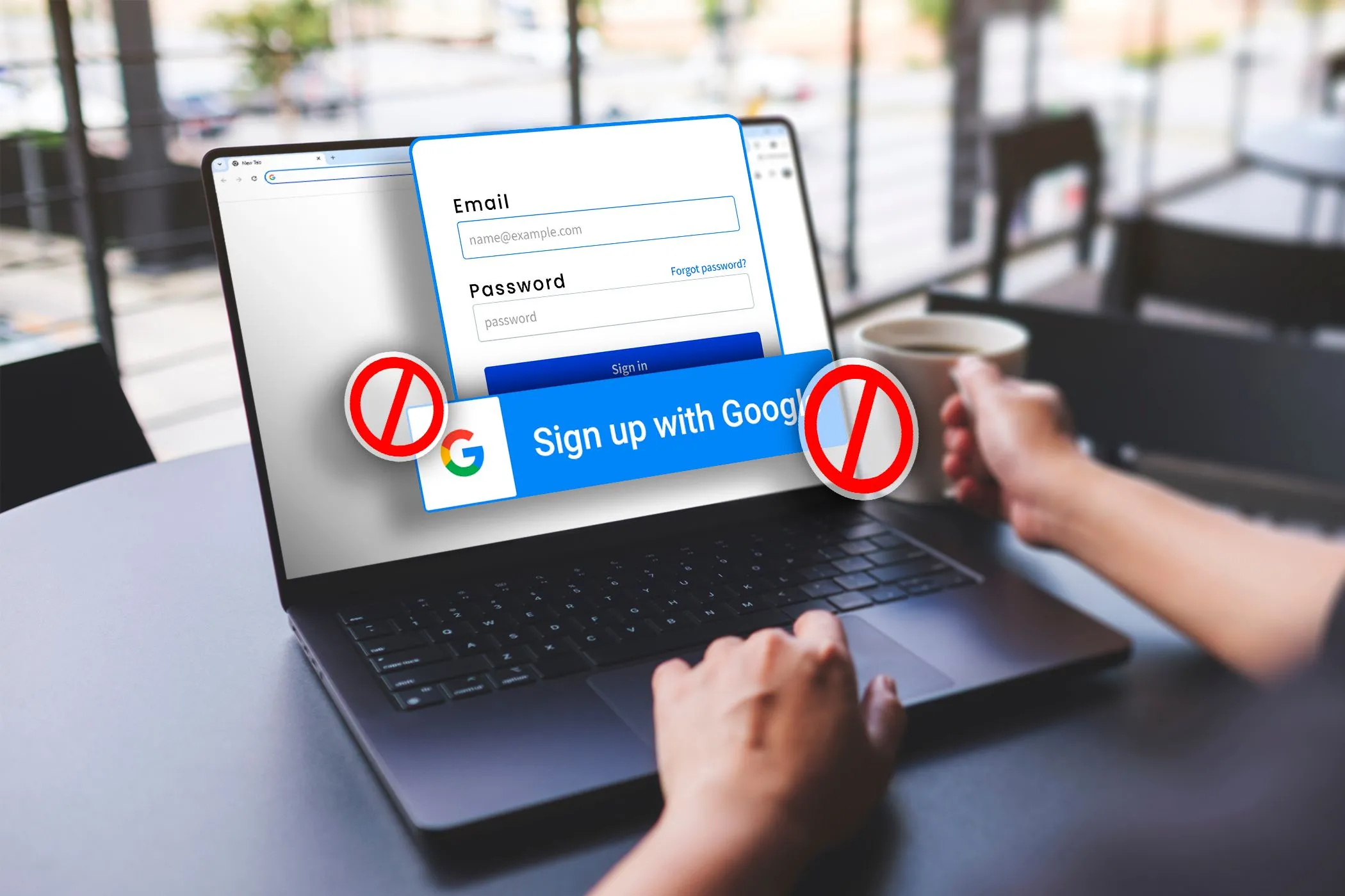 Người dùng laptop với cửa sổ đăng nhập, nút 'Đăng ký bằng Google' bị gạch chéo, minh họa việc tạo tài khoản ẩn danh mà không dùng thông tin cá nhân liên kết.