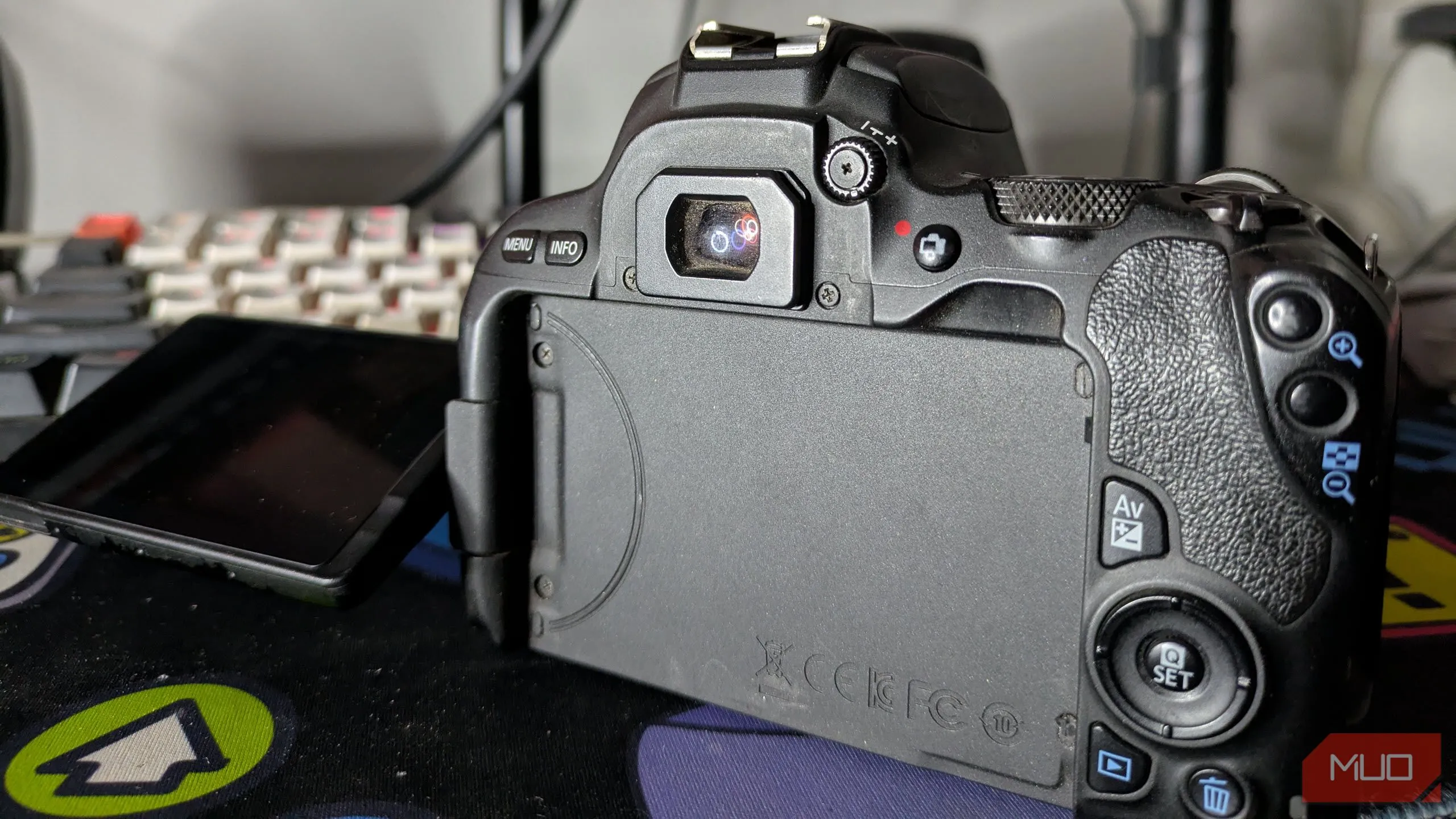 Người dùng nhìn qua kính ngắm quang học của máy ảnh DSLR Canon 200D, thể hiện ưu điểm không độ trễ của viewfinder quang học.