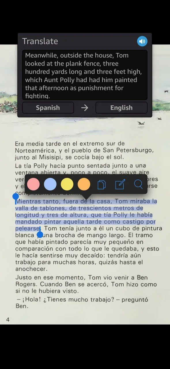 Người dùng tương tác với Kindle để học ngôn ngữ, hiển thị tính năng highlight từ vựng trên sách điện tử.