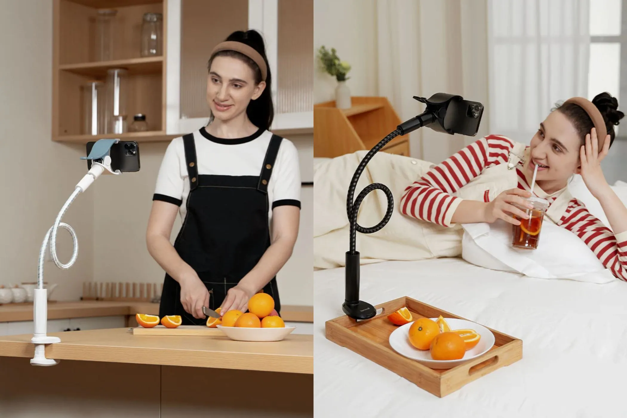 Người phụ nữ dùng giá đỡ điện thoại cổ ngỗng Lamicall khi nấu ăn và nghỉ ngơi