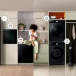 Người phụ nữ sử dụng các thiết bị thông minh trong căn bếp hiện đại, minh họa môi trường nhà thông minh.
