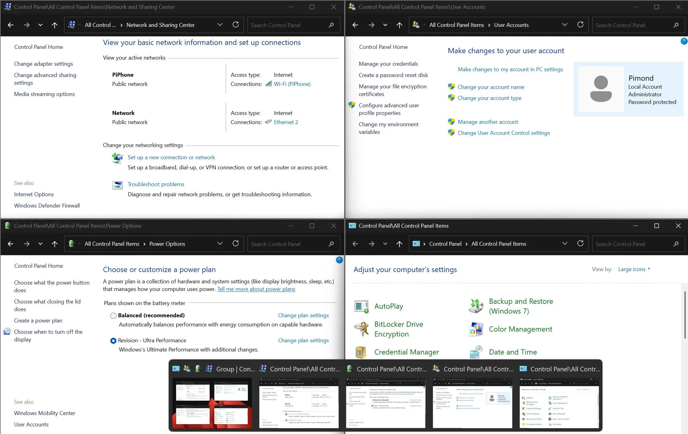 Nhiều cửa sổ Control Panel (Bảng điều khiển) được mở cùng lúc trên Windows 11, minh họa khả năng đa nhiệm.