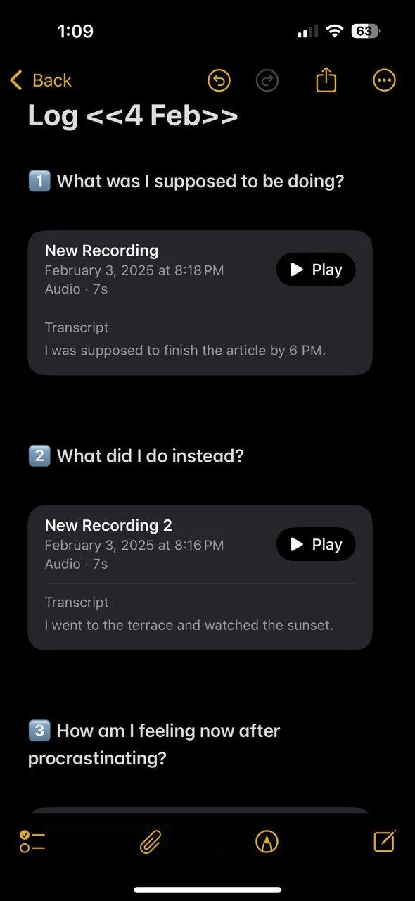 Nội dung ghi âm đã được chuyển đổi thành văn bản trong nhật ký trì hoãn trên Apple Notes
