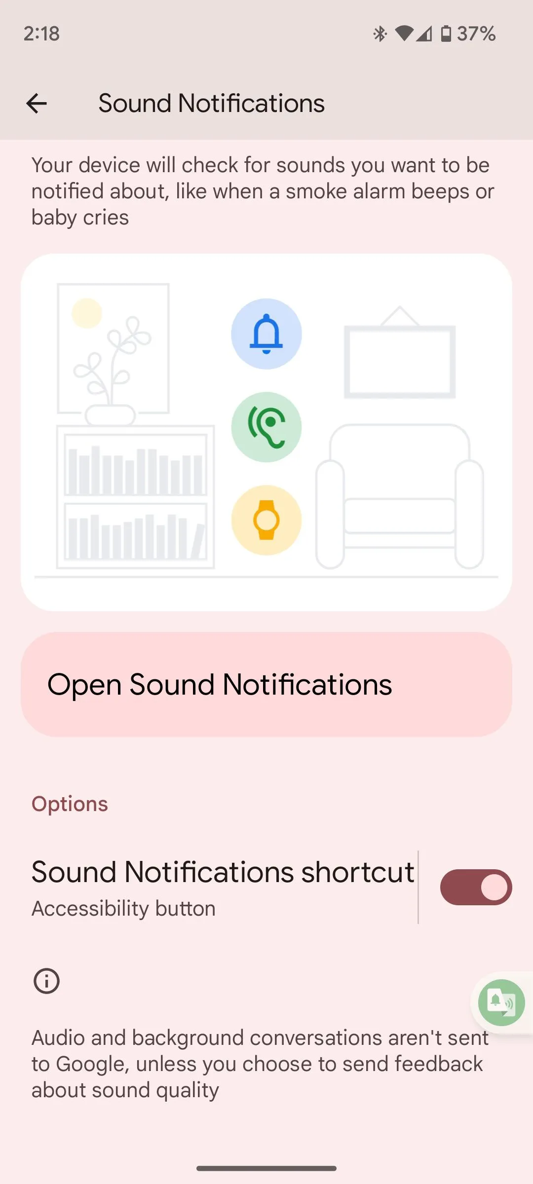 Nút bật/tắt tính năng &quot;Thông báo âm thanh&quot; (Sound Notifications) trong cài đặt trợ năng trên điện thoại Android