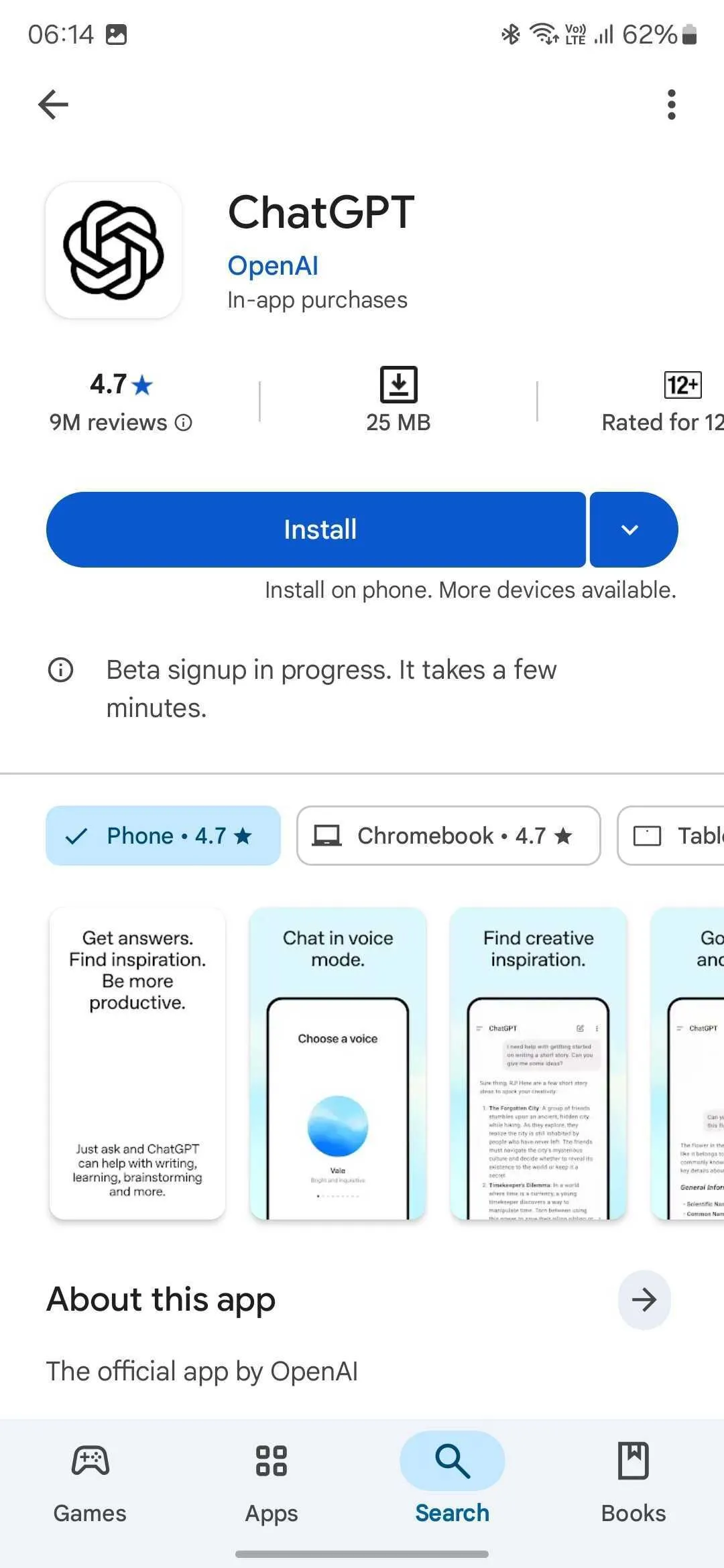 Nút cài đặt ứng dụng ChatGPT beta sau khi tham gia chương trình trên Google Play