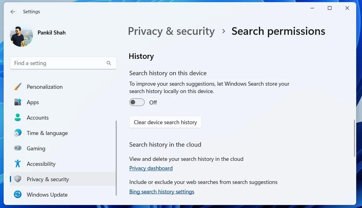 Nút chuyển lịch sử tìm kiếm trong cài đặt Windows 11 giúp bảo vệ quyền riêng tư