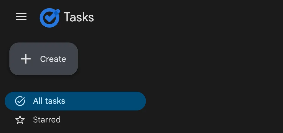 Nút &quot;Create&quot; dễ dàng nhận biết để thêm nhiệm vụ mới trong giao diện đơn giản của Google Tasks, minh họa quy trình tạo tác vụ nhanh chóng.