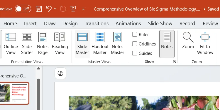 Nút Slide Master trong tab View của PowerPoint để chỉnh sửa mẫu slide