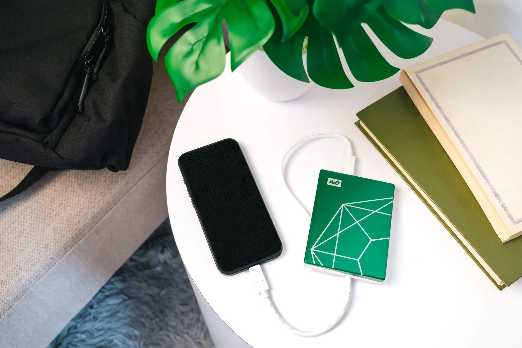 Ổ cứng WD My Passport Ultra phiên bản kỷ niệm 20 năm kết nối với điện thoại qua USB-C, minh họa khả năng tương thích đa nền tảng