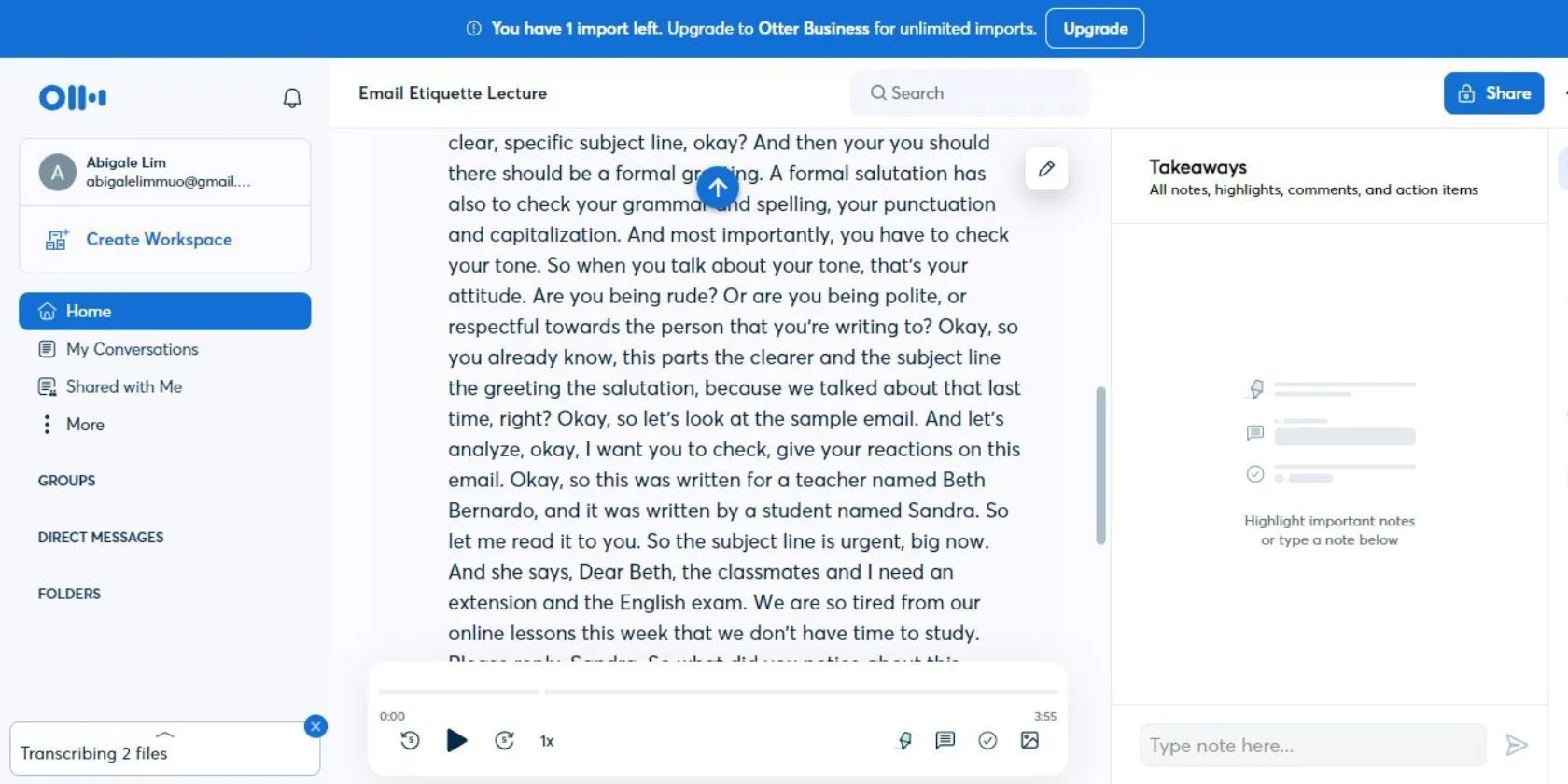 Otter.ai giao diện chuyển đổi văn bản từ video