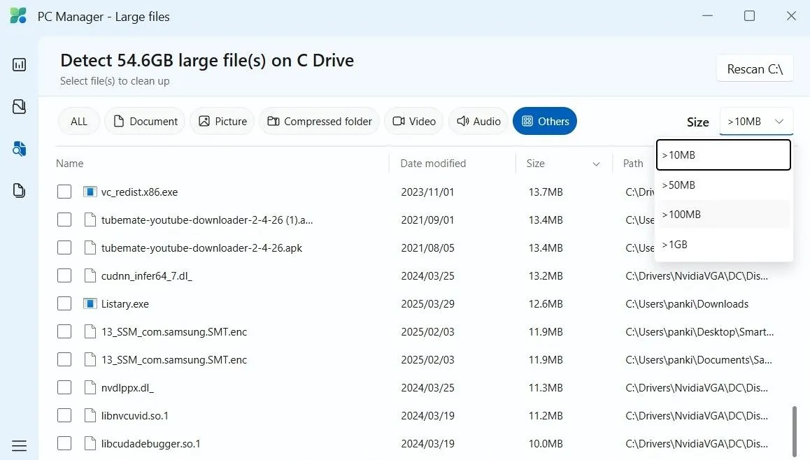 PC Manager hiển thị danh sách các tệp tin dung lượng lớn để quản lý ổ cứng