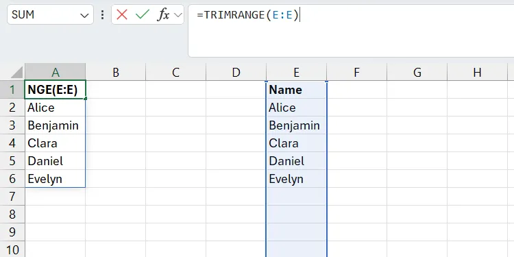 Phạm vi động đã loại bỏ các số 0 thừa ở cuối bằng hàm TRIMRANGE trong Excel.