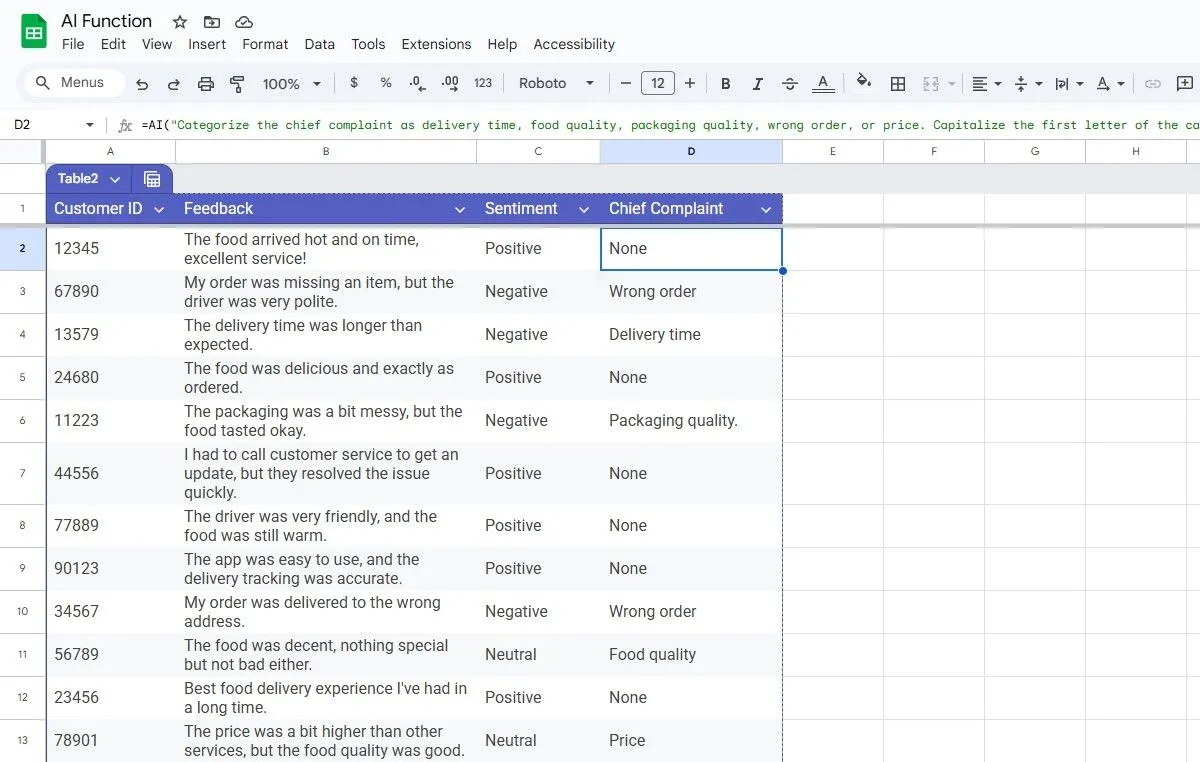 Phân loại phản hồi khách hàng và chuỗi các hàm AI() trong Google Sheets để phân tích chuyên sâu